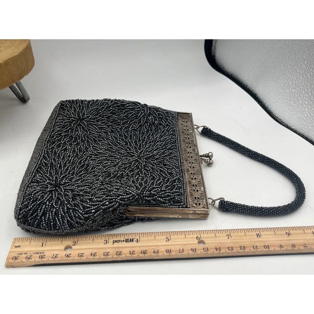 Vtg Beaded Blk Starburst Evening Bag Silver Filigree Kiss Lock Purse Mid century